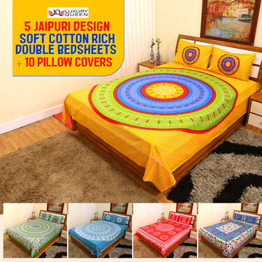 5 Jaipuri Ethenic Soft Cotton Rich Double Bedsheet + 10 Pillow Cover (5BS60)