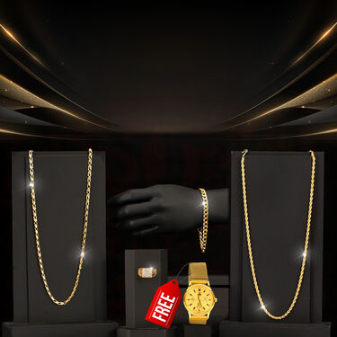 2 Golden Chain + Bracelet + Diamond Ring + Free Watch (2GCBRW15)