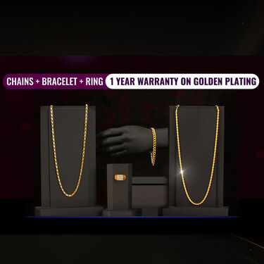 2 Golden Chain + Bracelet + Diamond Ring + Free Watch (2GCBRW15)