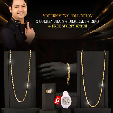 2 Golden Chain + Bracelet + Ring + Free Watch (2GCBRW16)