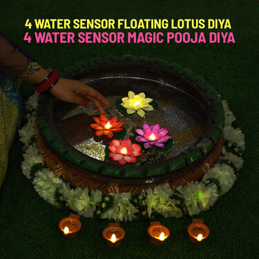 4 Water Sensor Floating Flower Diya + 4 Water Sensor Diya