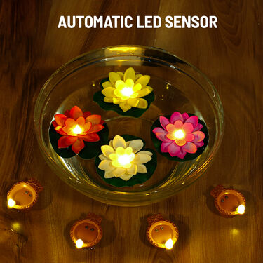 4 Water Sensor Floating Flower Diya + 4 Water Sensor Diya