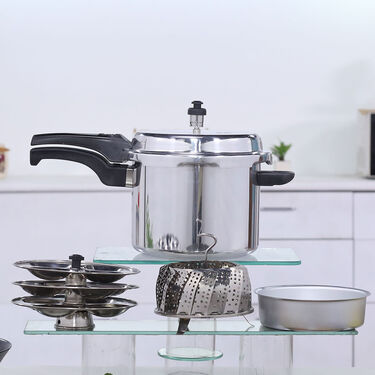 5 Ltr Pressure Cooker + 12 Cavity Idli Rack + Cake Mould + Steamer Basket (1PC1CM1SB1)