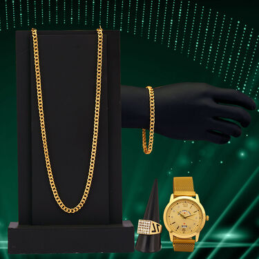 Golden Watch with Golden Chain + Bracelet + Ring (MGWCBR9)