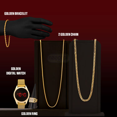 Golden Digital Watch + 2 Chain + Bracelet + Ring (MGW2CBR8)