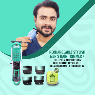 Rechargeable Stylish Mens Hair Trimmer + FREE Premium Wireless Bluetooth Earpod With Charging Case & LED Display (MTWP)