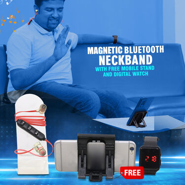 Magnetic Bluetooth Neckband with Free Mobile Stand And Digital Watch