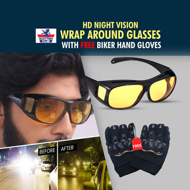 HD Night Vision Wrap Around Glasses With Free Biker Hand Gloves (NVHG1)