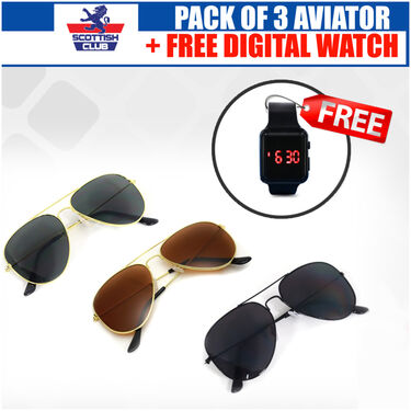 Pack of 3 Aviator Sunglasses + Free Digital Watch