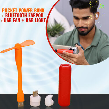 Pocket Power Bank + Single Bluetooth Ear Pod + USB Fan + USB Light (PB6)