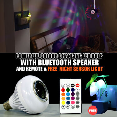 Powerful Colour Changing LED Bulb with Bluetooth Speaker & Remote + Free Night Sensor Light (CBSR8)