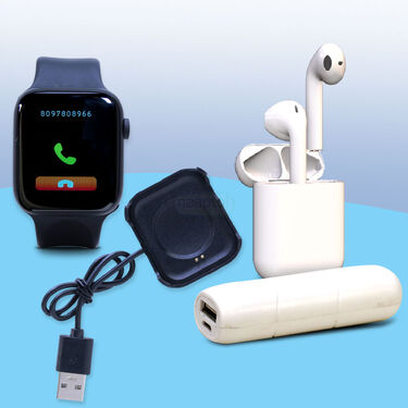 Premium Calling Smart Watch + Wireless Charger + Wireless Bluetooth Earpod With Charging Case + Pocket Powerbank(i8A2)