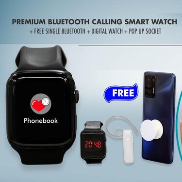 Premium Bluetooth Calling Smart Watch + Free Single Bluetooth + Digital Watch + Pop up Socket