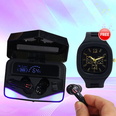 Wireless Bluetooth Earpods with Charging Case & Inbuilt Powerbank & Lights + Free Stylish Watch (TWS30)