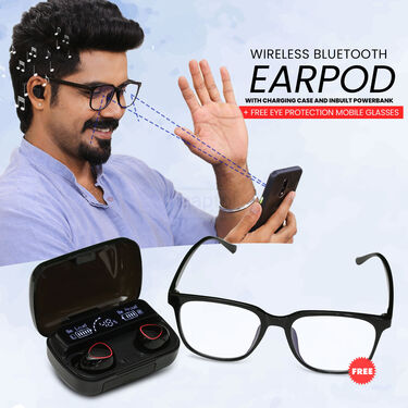 Wireless Bluetooth Earpods With Inbuilt Display And Power Bank With Free Blue Cut Glasses (TWS40)