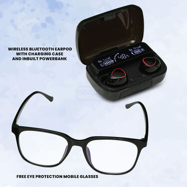 Wireless Bluetooth Earpods With Inbuilt Display And Power Bank With Free Blue Cut Glasses (TWS40)