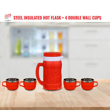 Steel Insulated Hot Flask + 4 Double Wall Cup