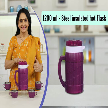 Steel Insulated Hot Flask + 4 Double Wall Cup